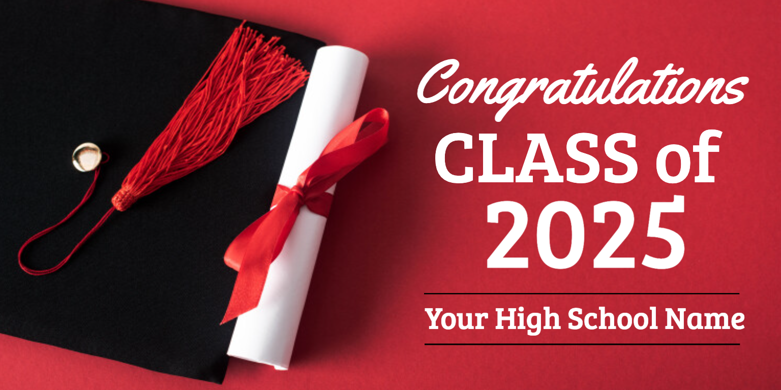 Celebrate your graduate in bold school spirit! This classic red graduation banner features space to personalize with your school name and is perfect for any school with red as its primary color.